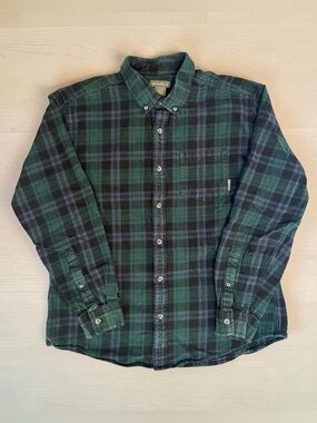 Eddie Bauer Flannel Green, Purple and Black Plaid Button-Down Shirt Men Size L